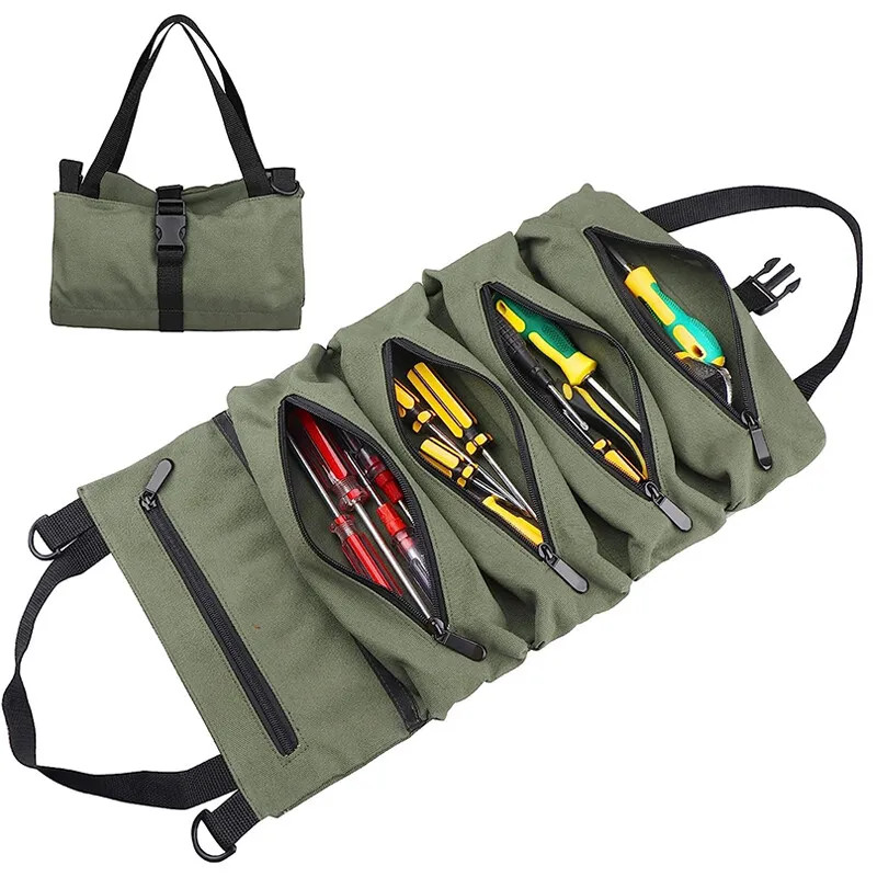 Multi-Purpose Tool Roll Up Bag 5 Pocket Wrench Pouch Canvas Hanging Organizer US