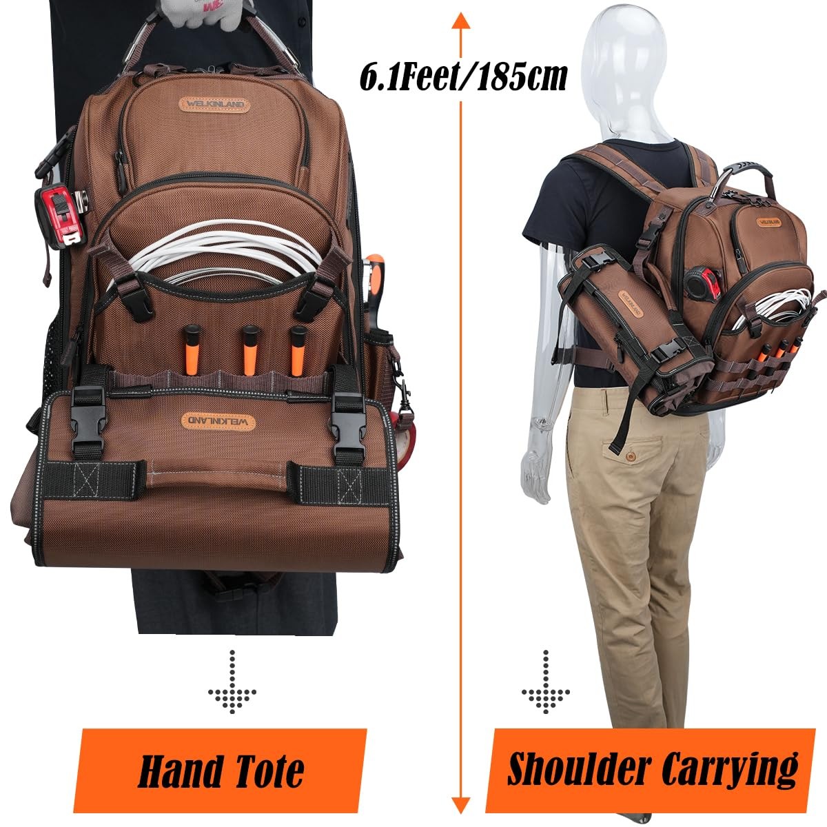 WELKINLAND 70Pockets HVAC Tool Backpack With Medium to Large, Brown & Black