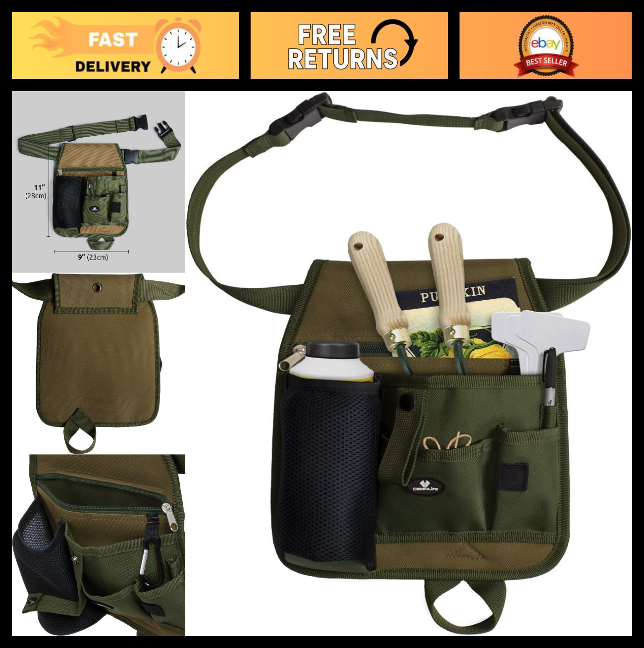Garden Tool Pouch Utility Belt Apron – Adjustable Waist, Multi-Pocket for DIY, P