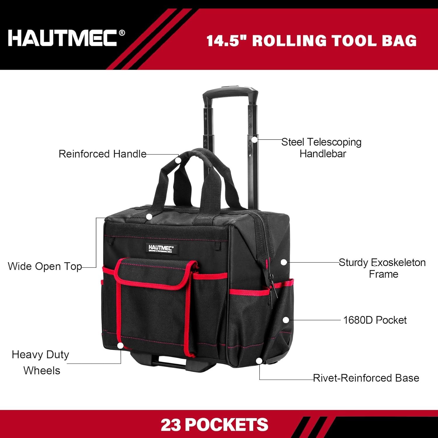 HAUTMEC 2 Piece Rolling Tool Bag Set 15 Inch Wheeled Tote
