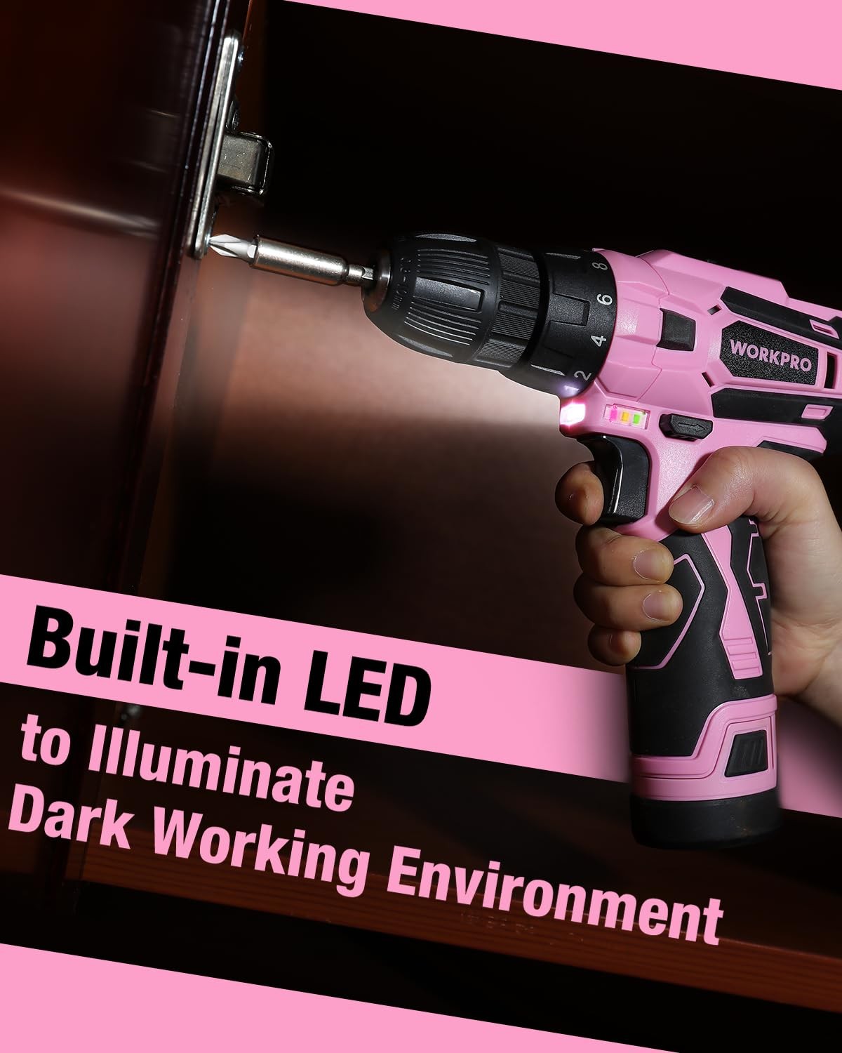 WORKPRO Pink Cordless Drill Driver Set, 12V 1-4 for small size screws,