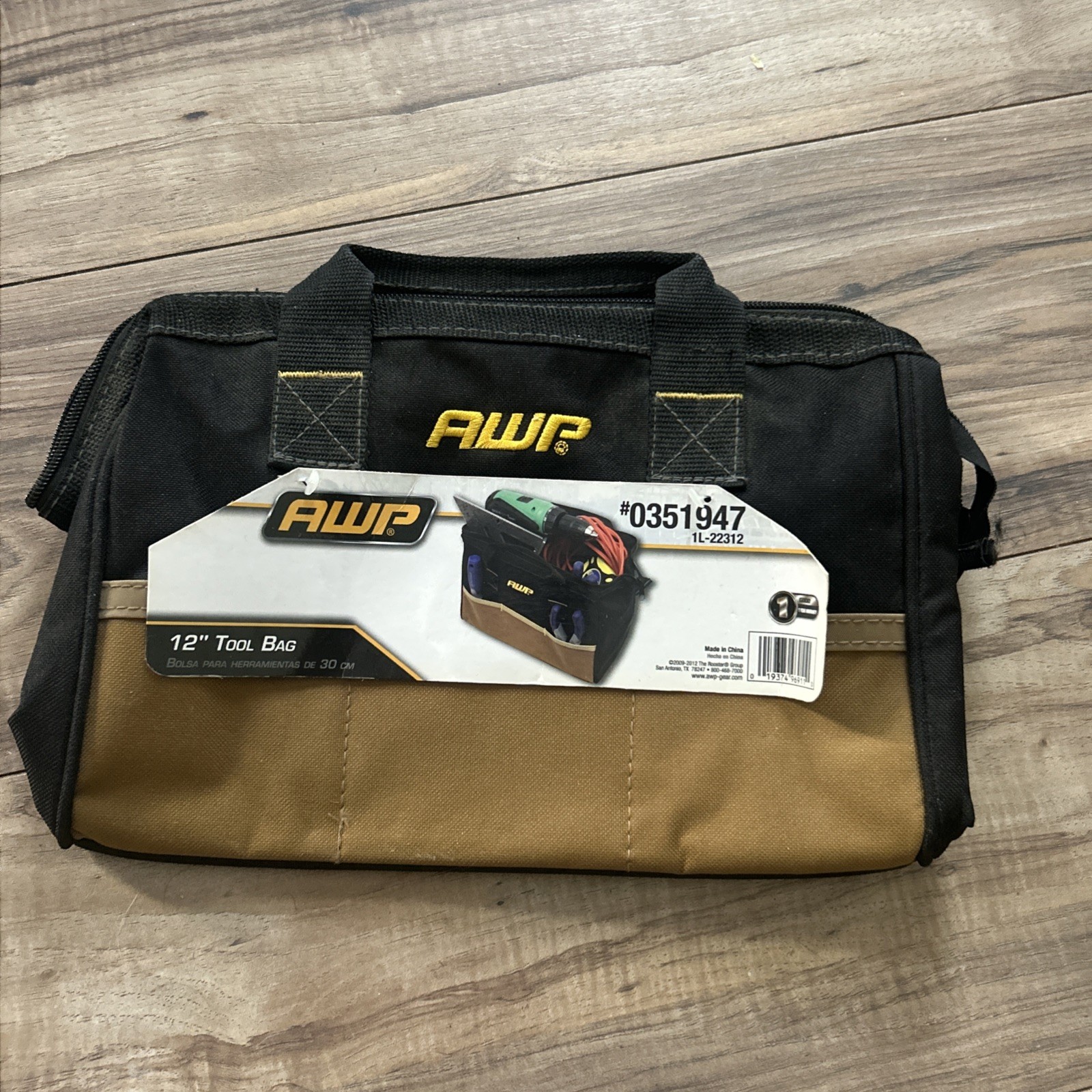 AWP 12 Inch Tool Bag 600D Black Tan Webbed Handles Outer Pockets Model 1L-22312