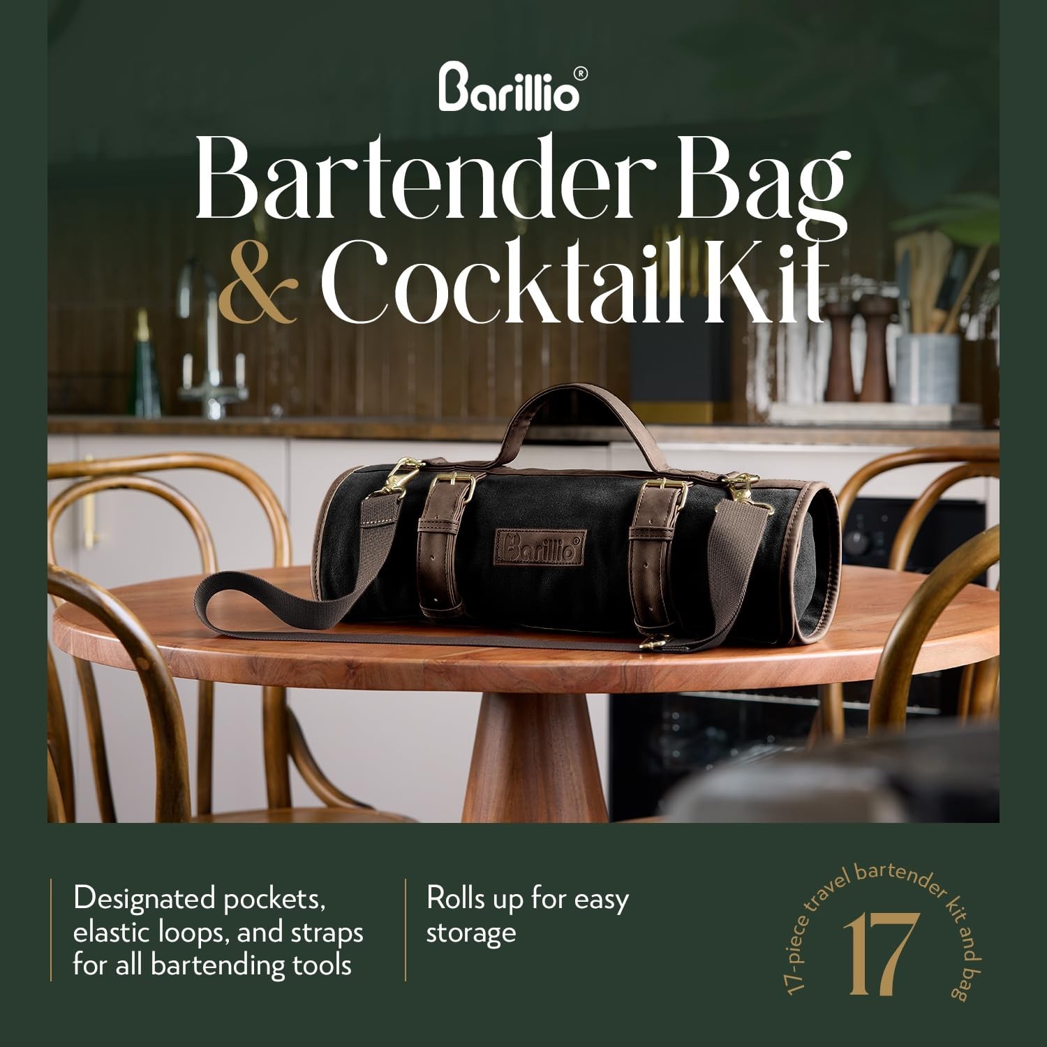 Barillio Bartender Kit Bag – Waxed Canvas, 17-Pc Cocktail Set – Travel Mobile