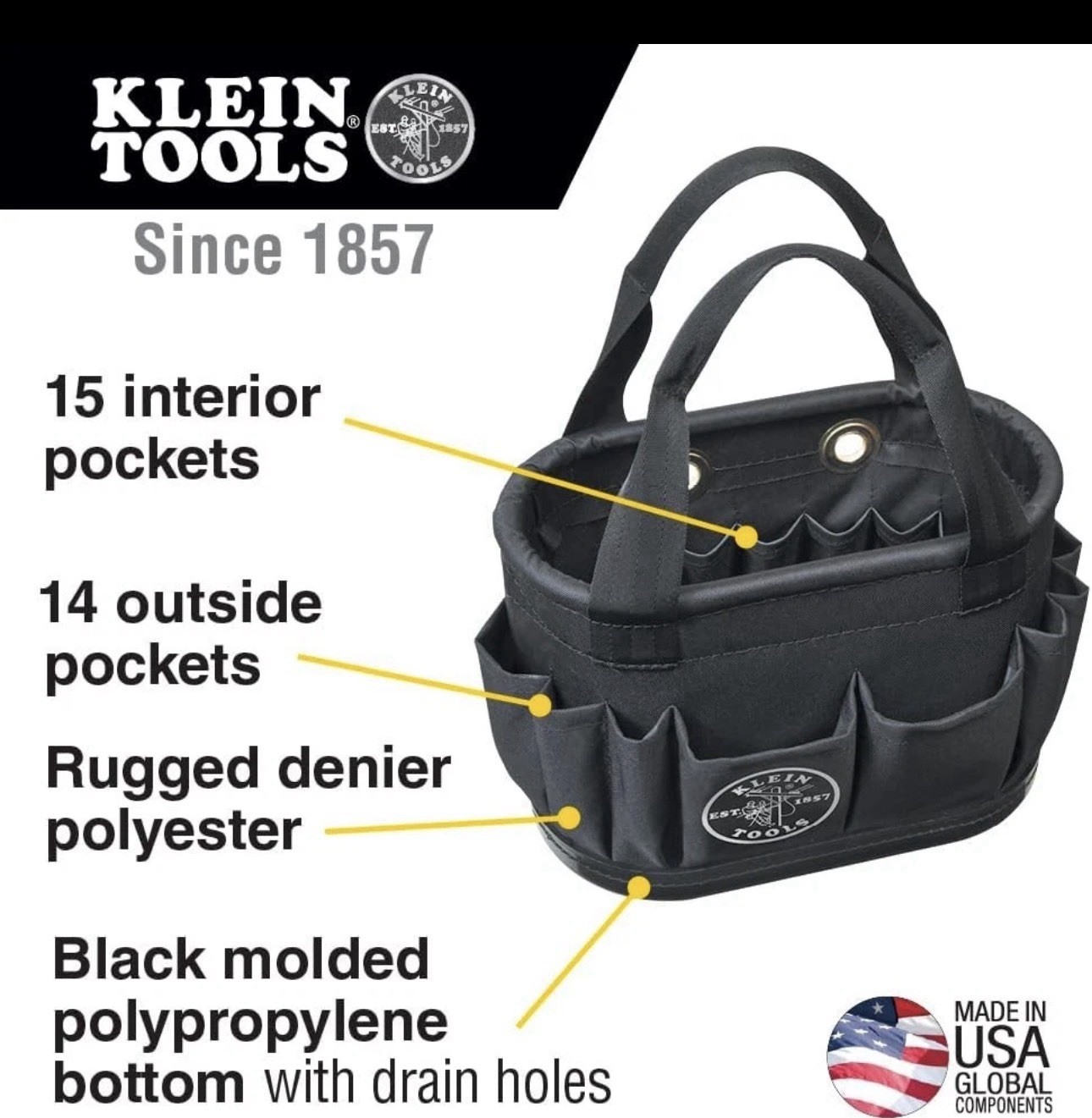 Klein Tools 5144BHB14OS Hard-Body Bucket, Aerial Oval Tool Bucket with Drain Hol