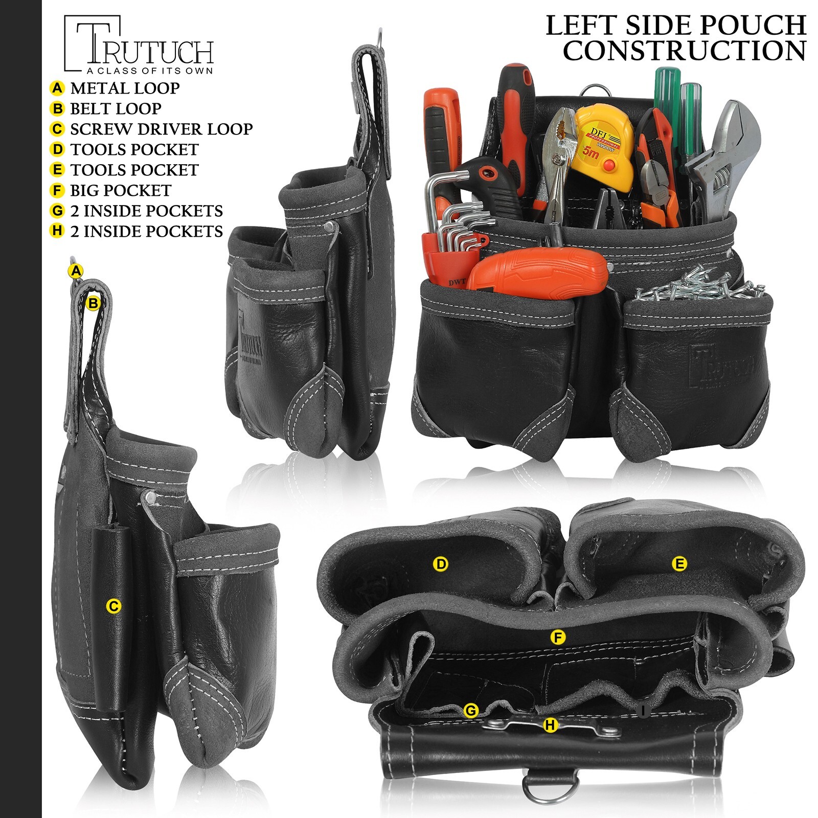 Trutuch Leather Carpenter Tool Belt | 18 Pockets | Framers Tool Belt | Handyman