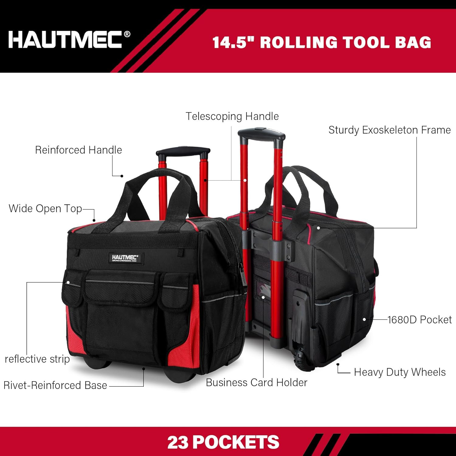 14.5″ Rolling Tool Bag with Wheels, 25-Pocket Portable Tool Box Organizer with W