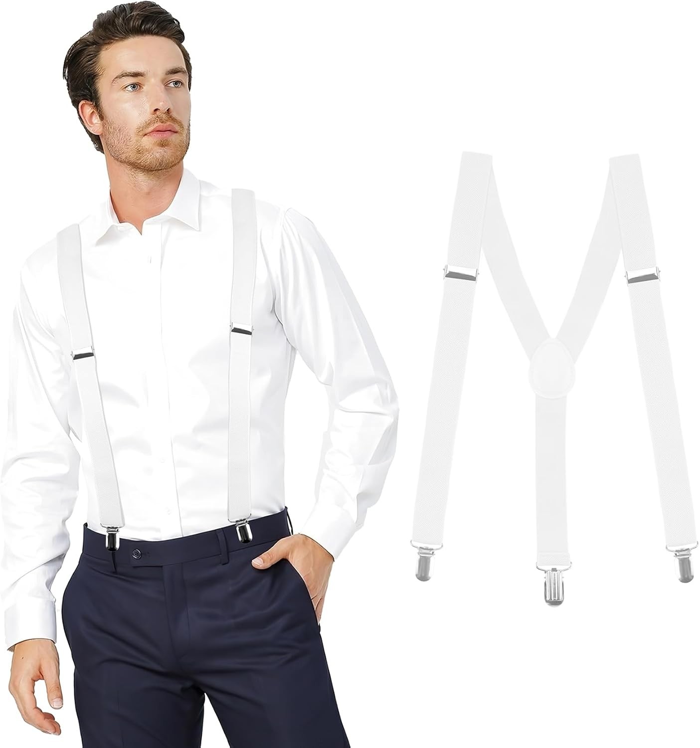 Men’s Adjustable Suspenders with Elastic Straps Y-Back,Hiking 1PCS, White