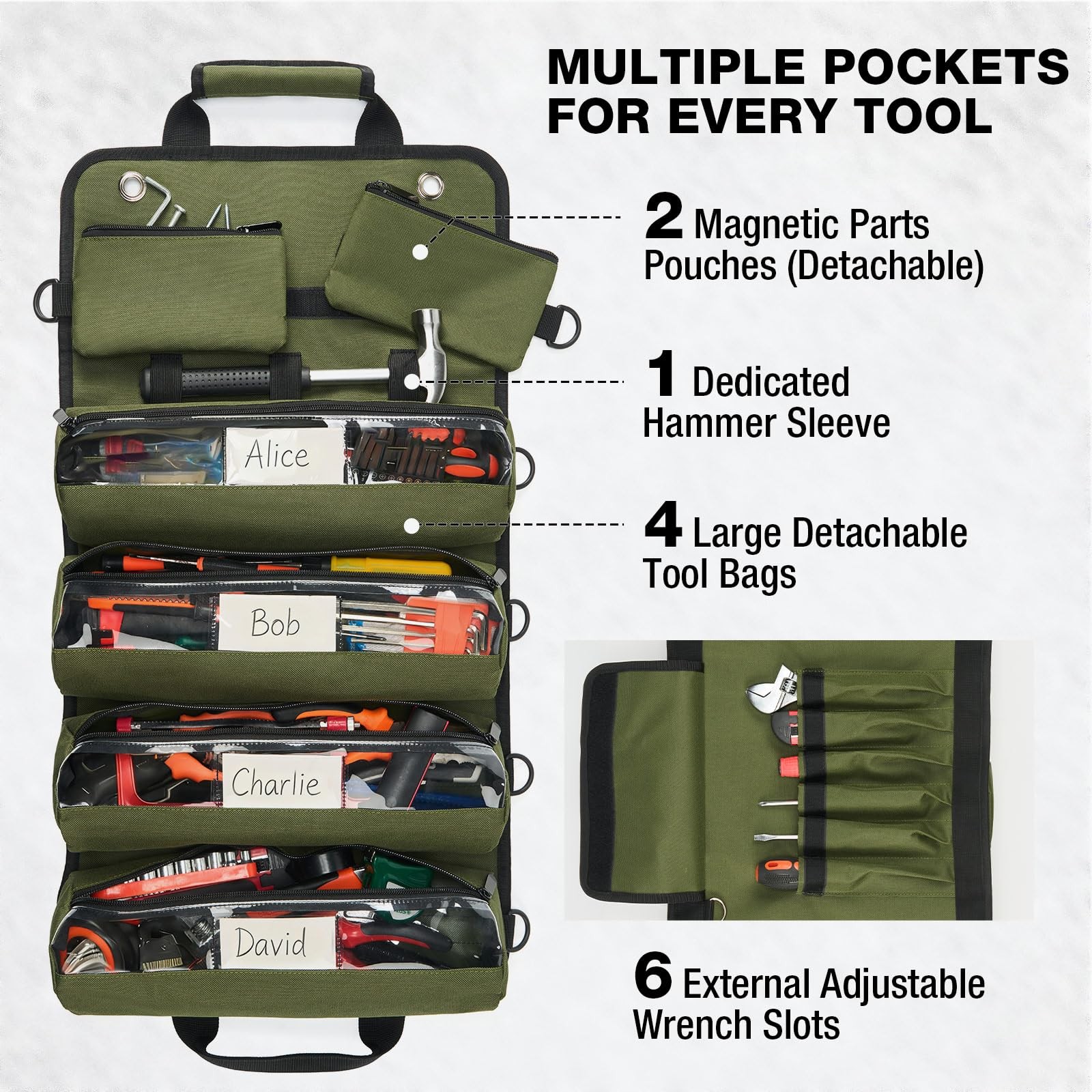 HISEA Roll Up Tool Bag, Heavy Duty Storage Large-Capacity, 14inch, Green