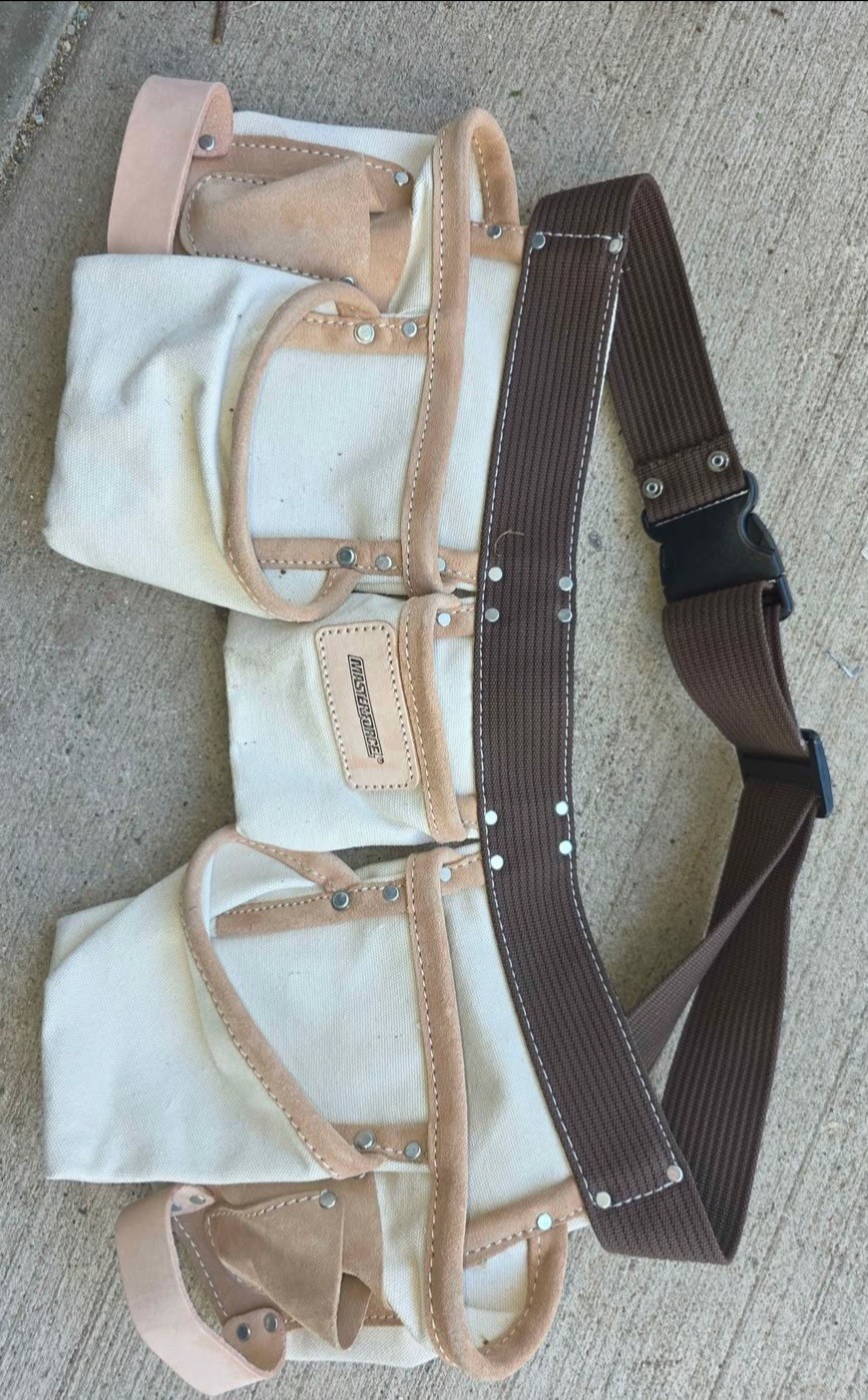 Canvas Tool Belt w/ 4 Pouches, Adjustable Beige/Brown Belt w/ Plastic Buckle