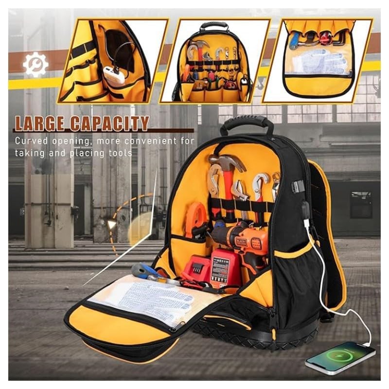 Rugged yet Comfortable Tool Backpack with Hard Molded Bottom and Tool Pouch, …