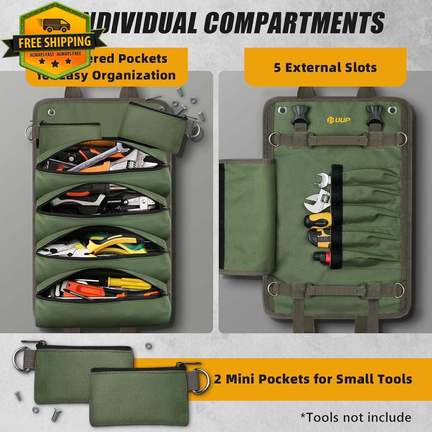Heavy Duty Roll Up Tool Bag Foldable Tool Organizer w/Pockets Green