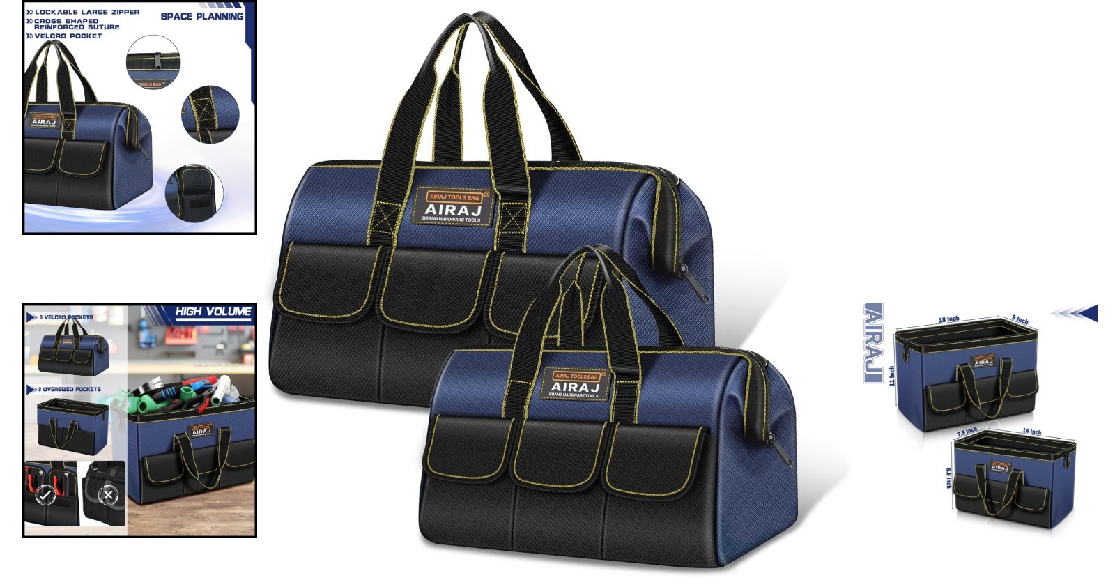 Effortless Organization: 2-Pack 18″ & 14″ Wide Mouth Tool Bags for Home & Garage