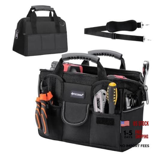 Heavy Duty Tool Bag with Multi-Pockets, Portable Tool 12″ Standard Base Black