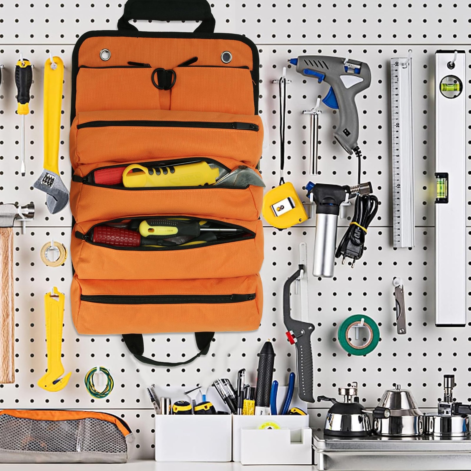 Tool Roll Bag Organizer Carrier Storage 6 Zipper Pockets Strap Mechanic Orange