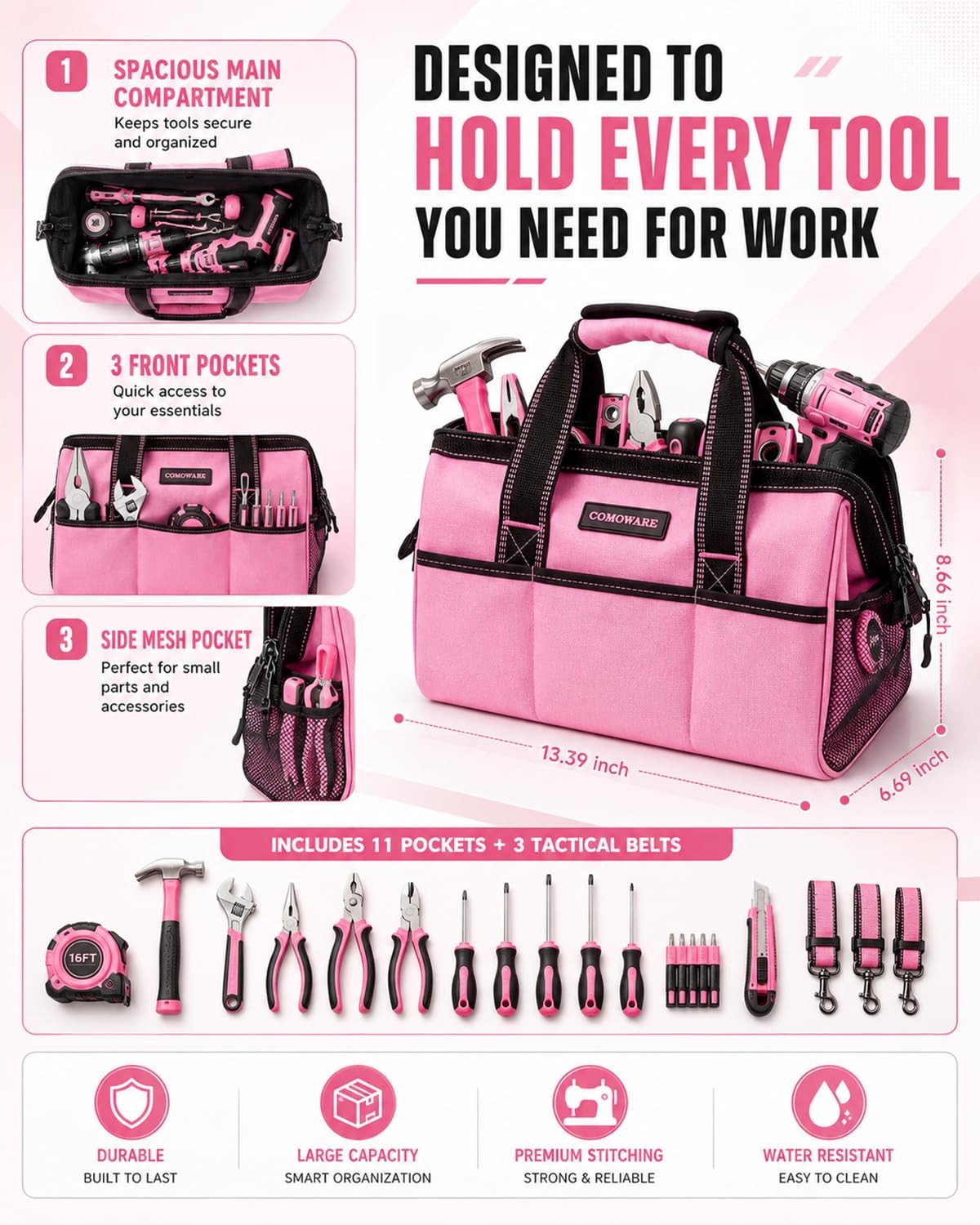 13-Inch Tool Bag for Women, Pink Soft Storage Bag with Inside Pockets