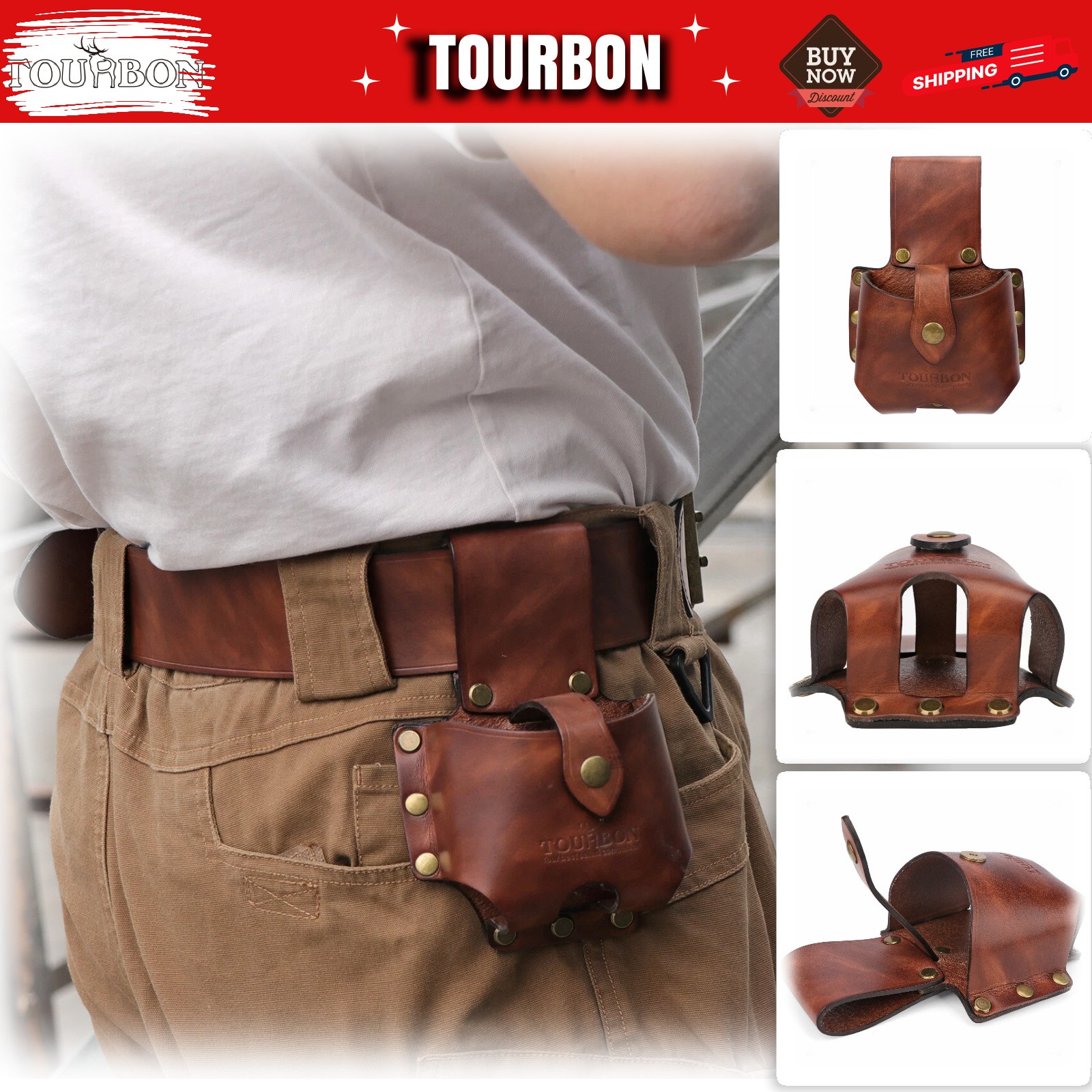Tourbon Vintage Leather Tape Measure Holder Belt Pouch Tool Carrier Snap Closure