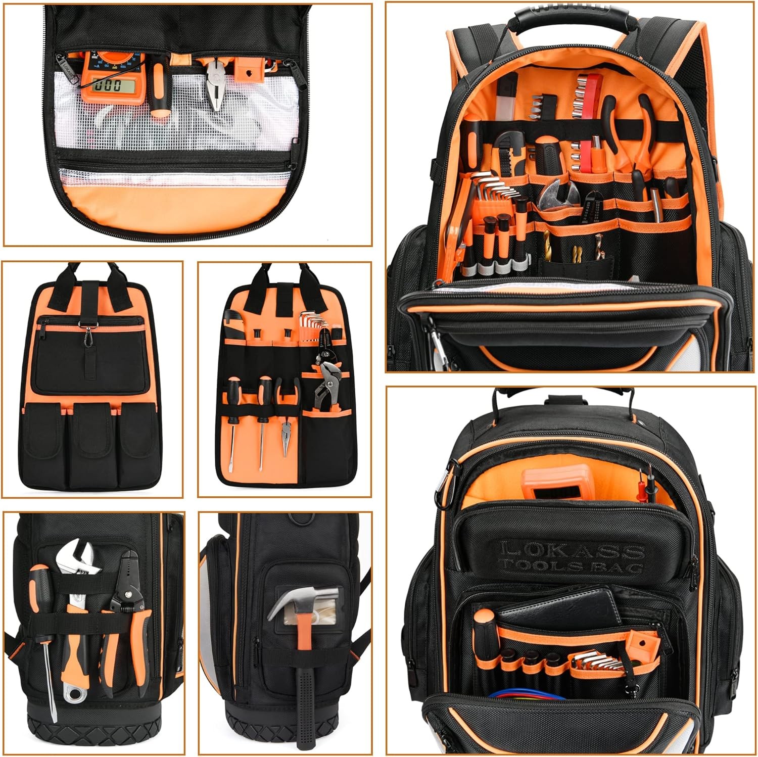 Tool Bag Backpack, 75 Pockets & Loops Heavy Duty Tools Organizer Black