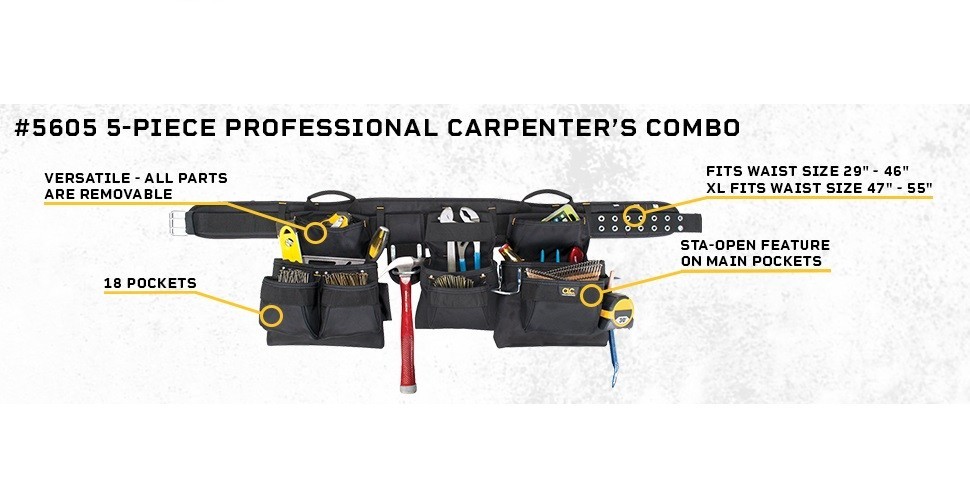 CLC 5605 Custom Leathercraft 5 Piece Framers Combo Tool Belt 18 Pockets Black