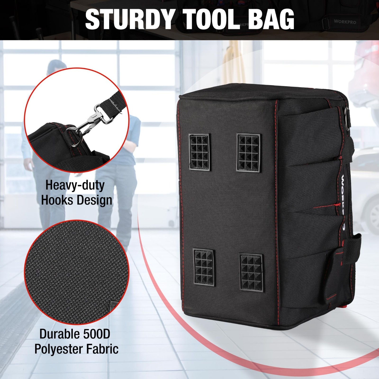 14″ Multi-Pocket Tool Bag Organizer with Adjustable Shoulder Strap – Black