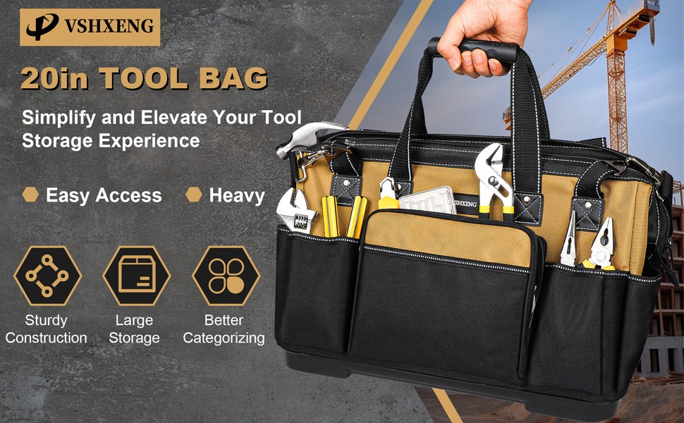 Vshxeng 17″ Large Tool Bag, Heavy Duty, Molded Bottom
