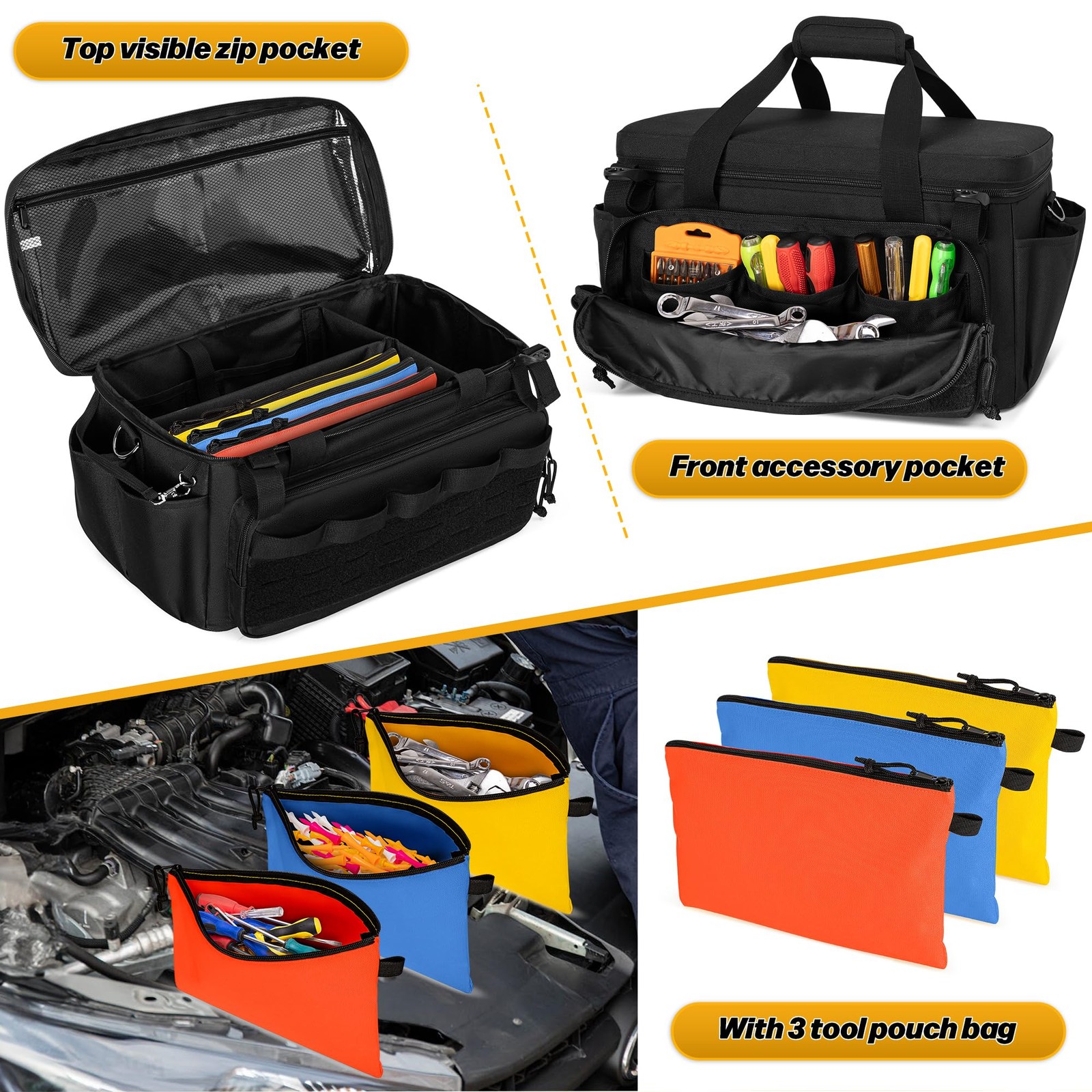 17-Inch Tool Bag with 3 Tool Pouches, Tool Storage Organizer Bag with Anti-fr…