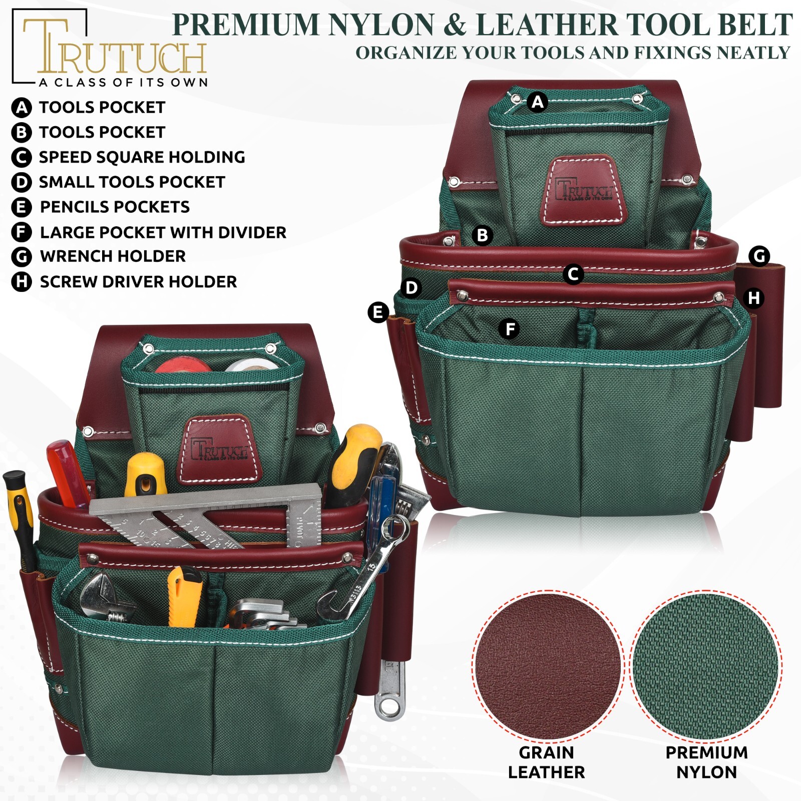TRUTUCH Nylon and Leather Tool Belt | Framing Tool Bags | Nylon Tool Pouch