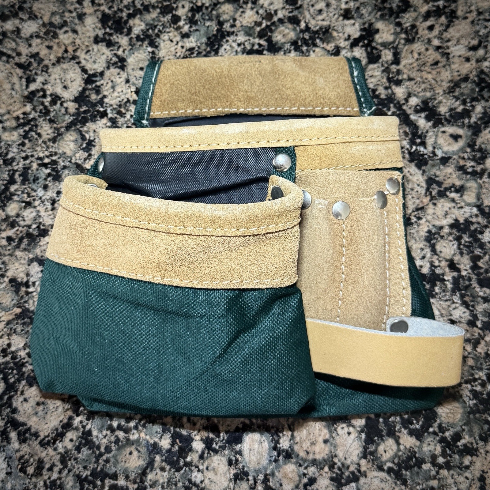 Kids Toolbelt with Leather Accents Green and Beige Light Brown Two Pocket 9x8x6