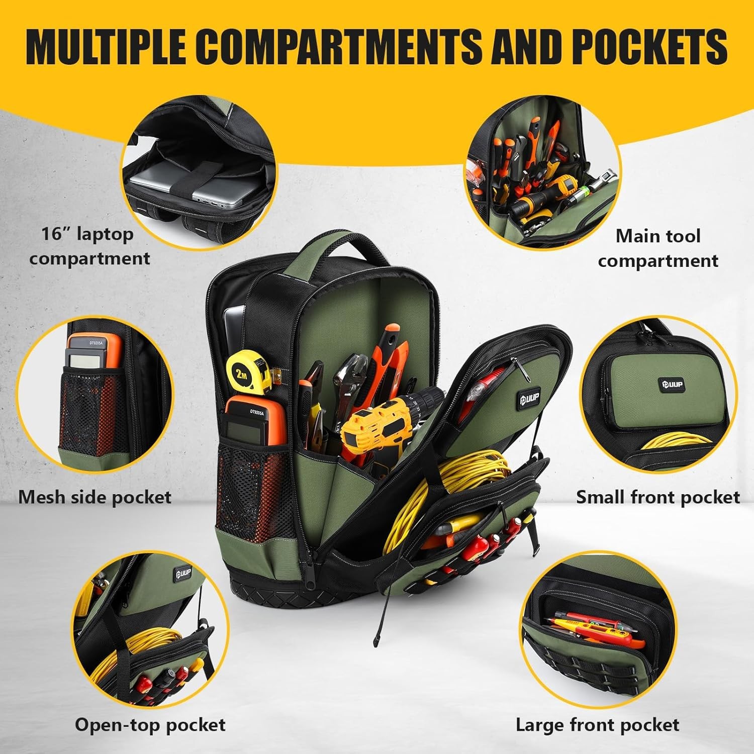 Tool Backpack, UUP Heavy Duty Tool Bag, Large Empty Toolbag Organizer with Water