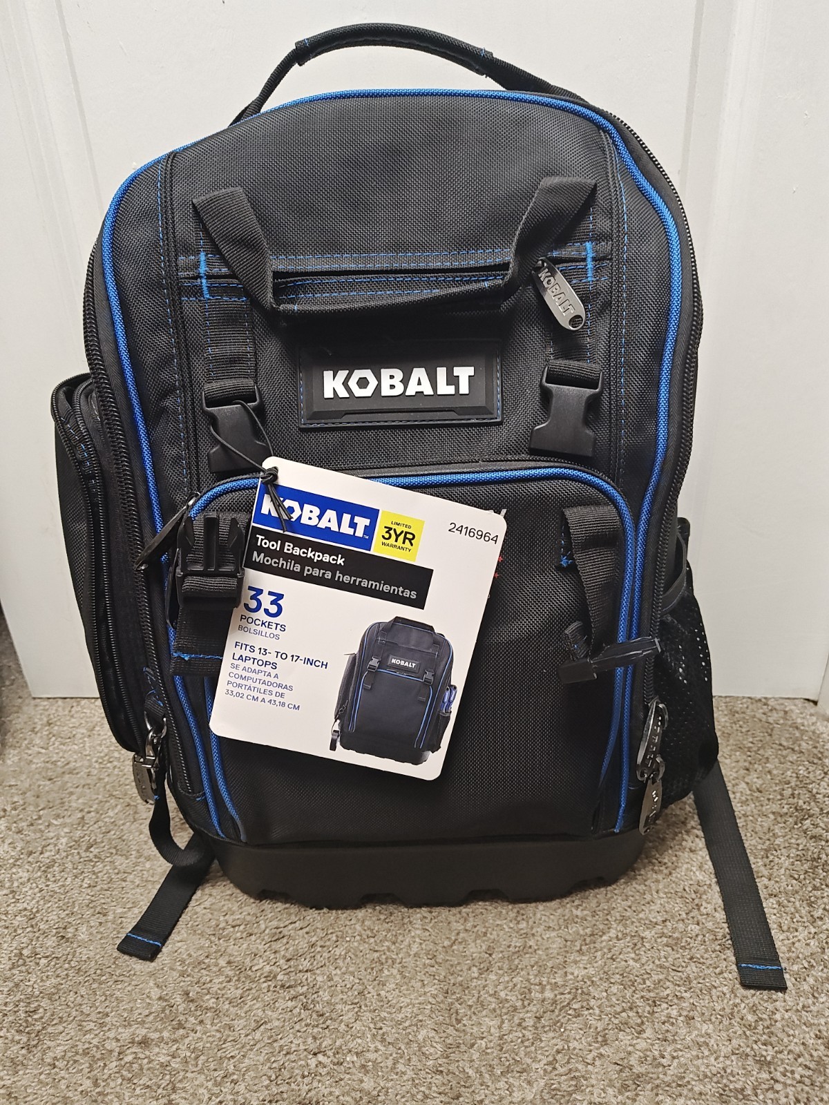 Kobalt Tool Backpack Hard Molded Base FFE 33 Pockets 19*15*8 #2416964