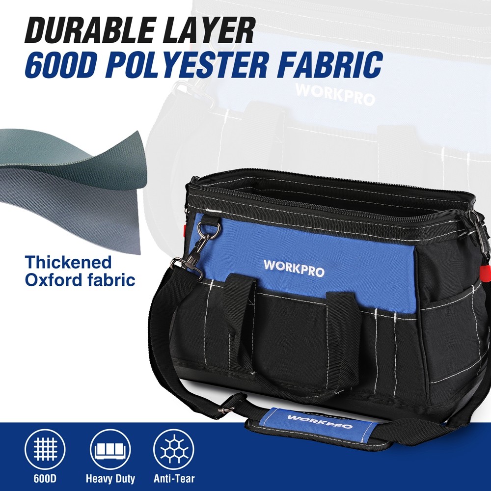 WORKPRO 16-inch Wide Mouth Tool Storage Bag w/Water Proof Molded Base 22 Pockets