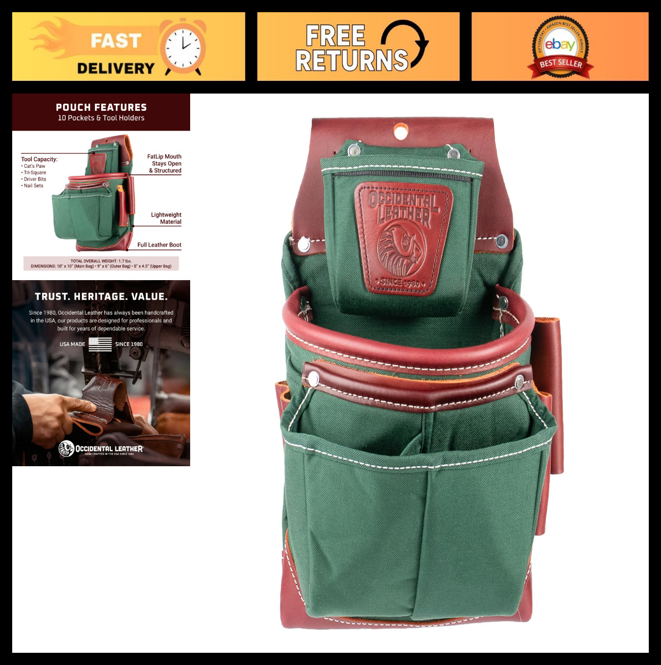 Heritage FatLip Fastener Bag – Right Hand Tool Organizer with 10 Pockets – USA M