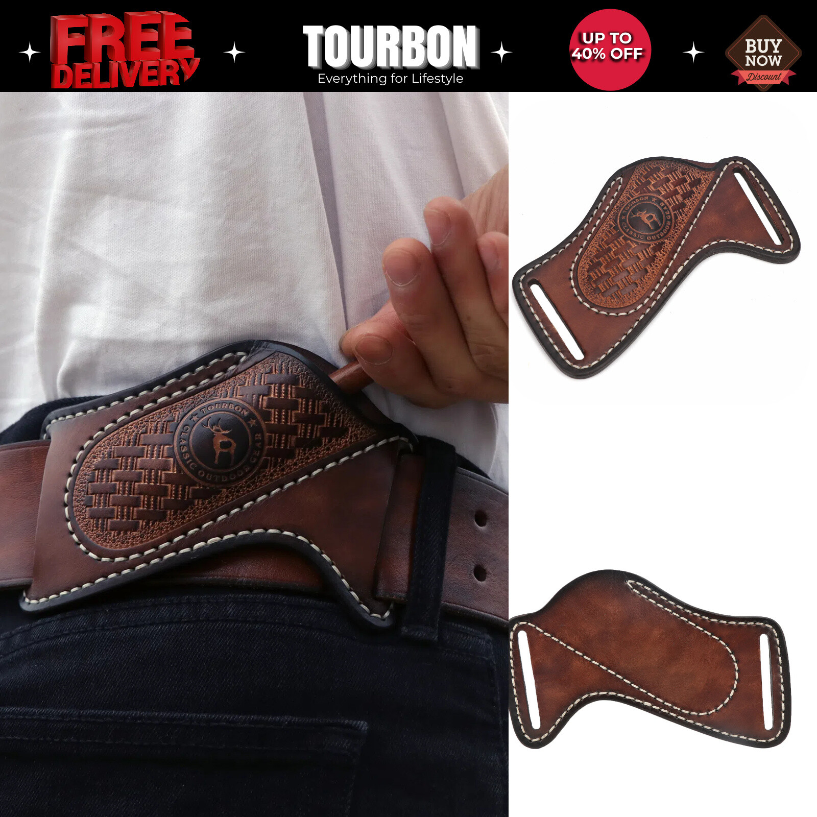 TOURBON Leather Folding Blade Knife Sheath Belt Pouch EDC Knives Pocket Camping