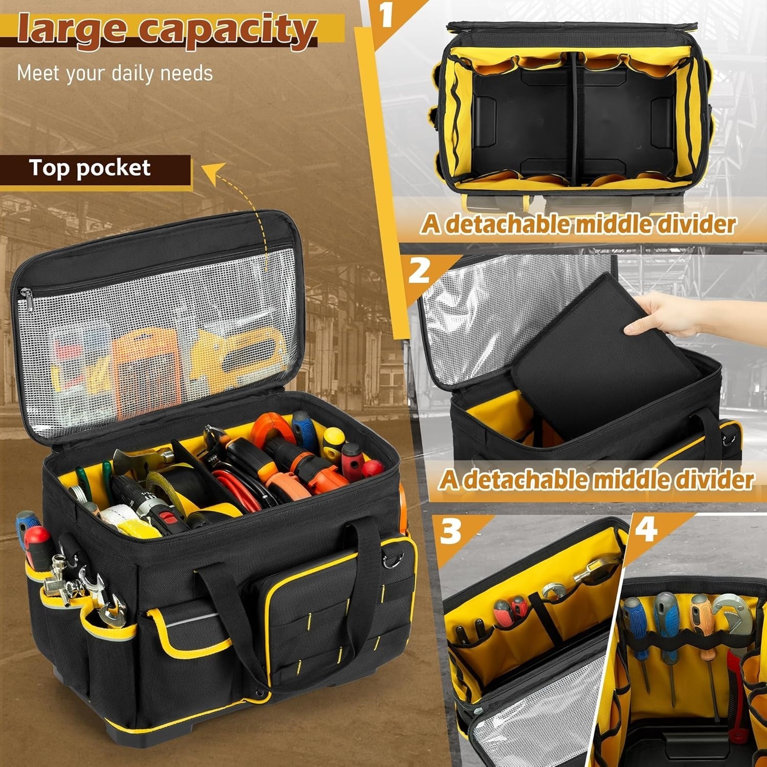 16-inch Tool Bag with Hard Bottom and a Detachable Divider, Heavy Duty