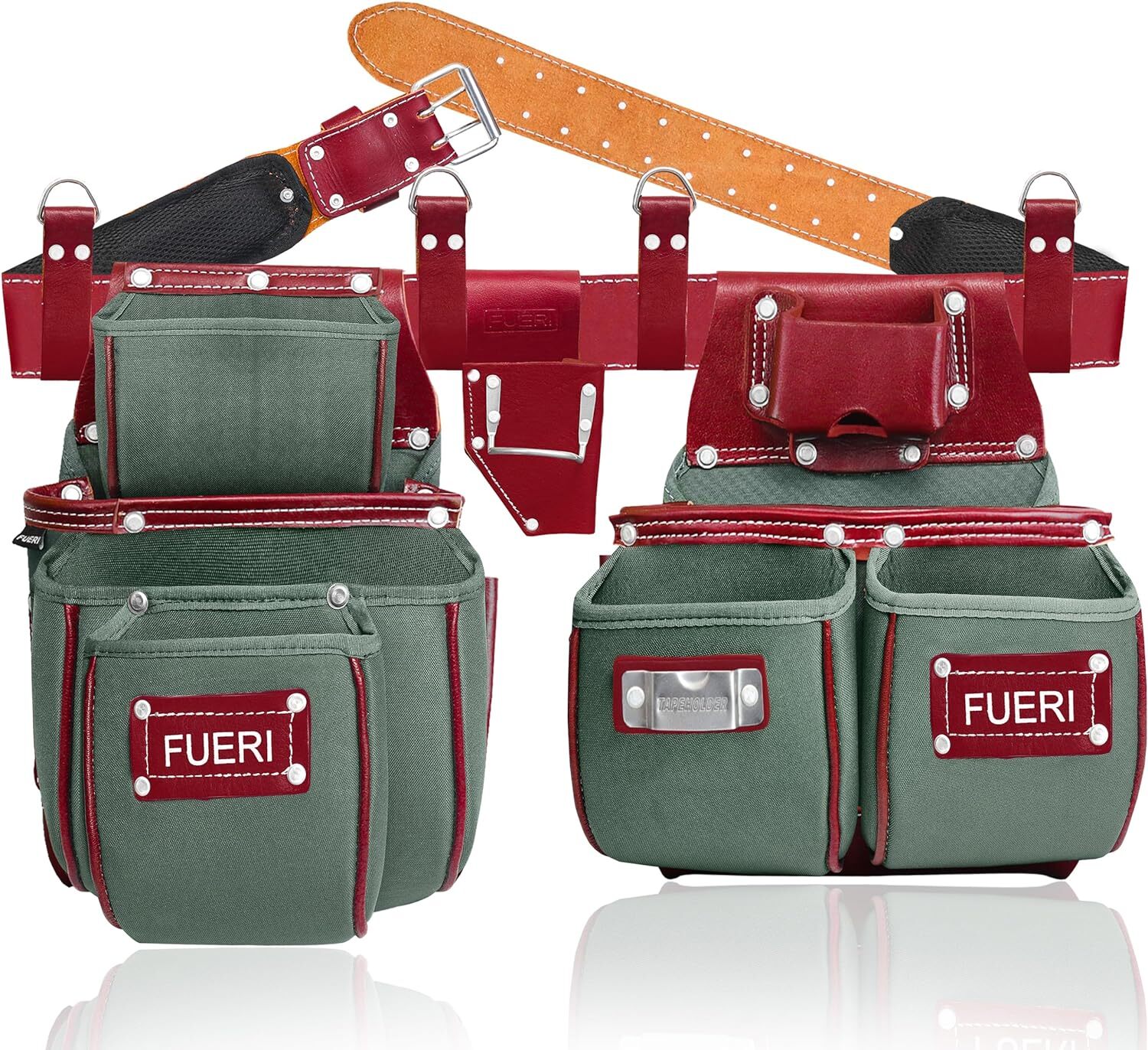 FUERI Men’s Tool Belt in Nylon & Leather | Tool Pouch Set (Green & Maroon)