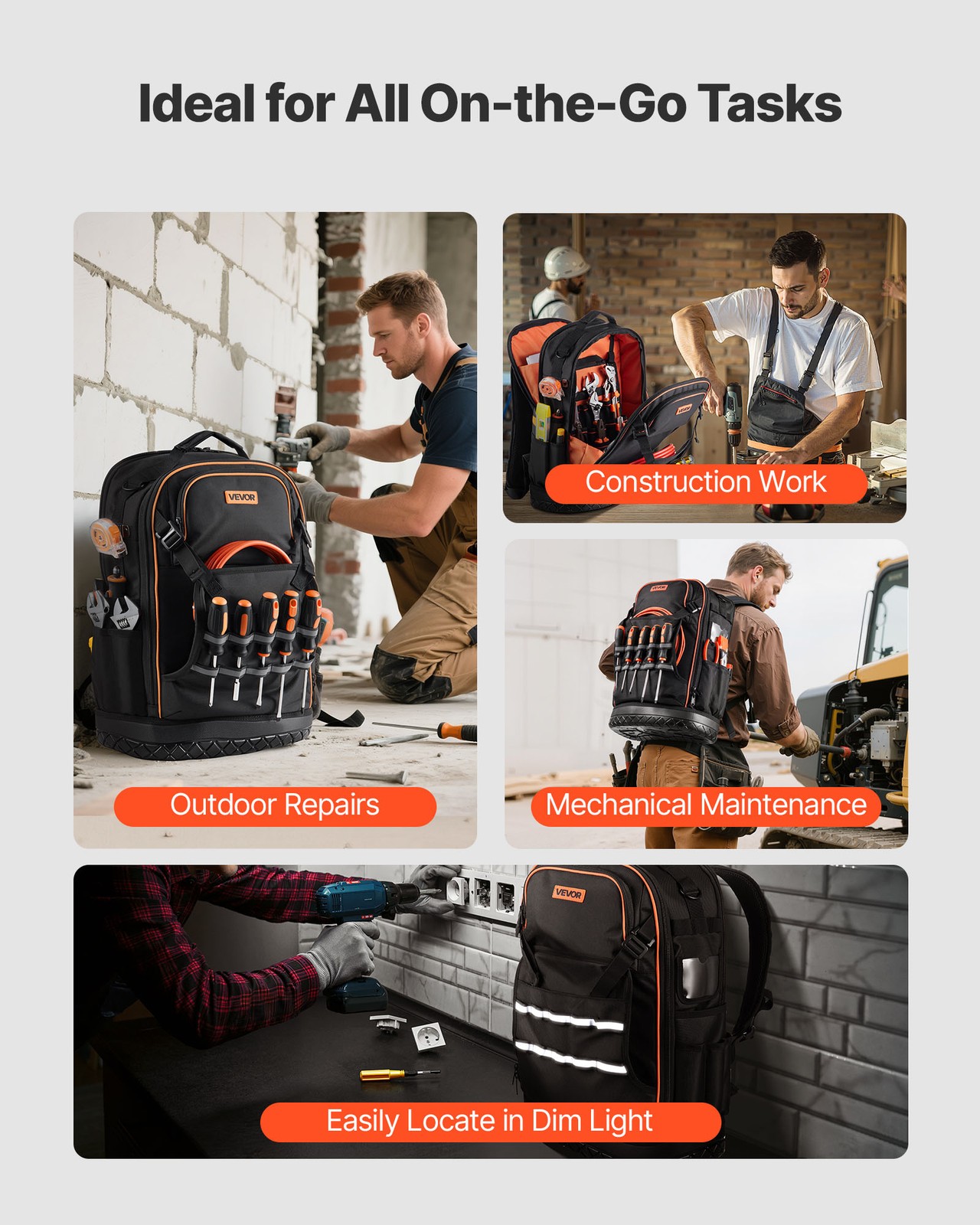 VEVOR Tool Backpack 65 Pockets Tear-resistant Jobsite Backpack for Electrician
