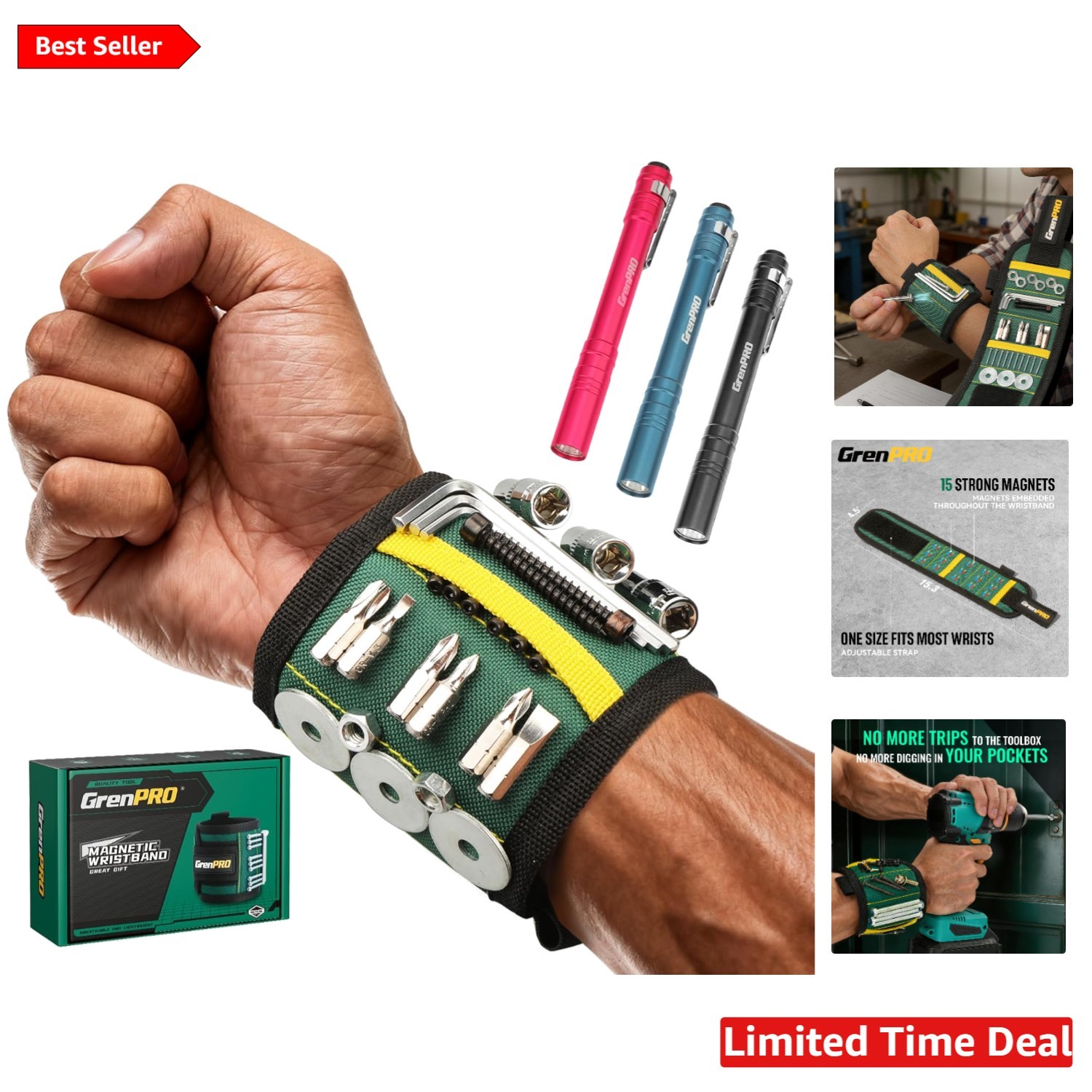 Heavy-Duty Magnetic Tool Wristband with 3 LED Flashlights – Perfect Gift for Men