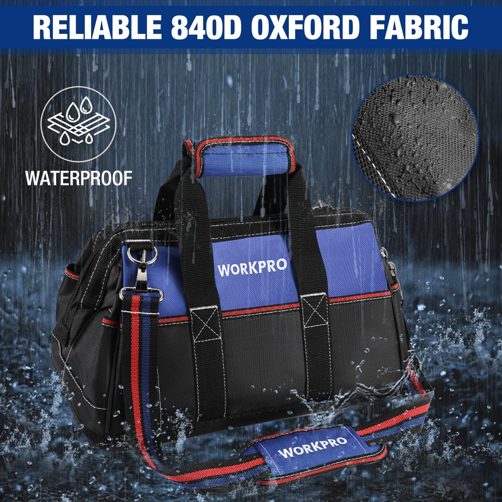 16″ Wide Mouth Tool Bag – Waterproof Base, Multi-Pocket, Heavy Duty, Adjustable
