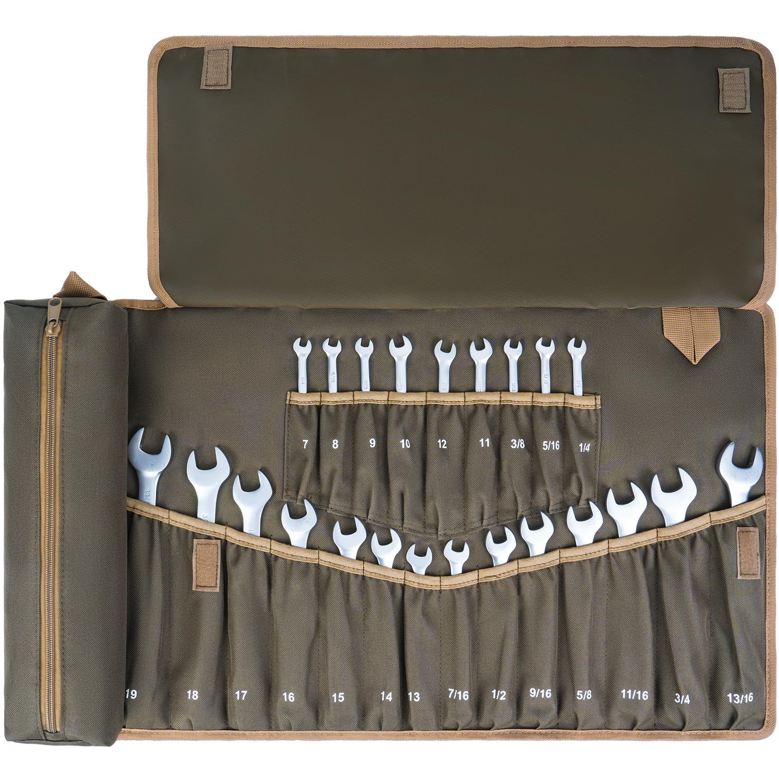 Wrench Roll Organizer,Wrench Up Pouch with 23+1 Olive Green
