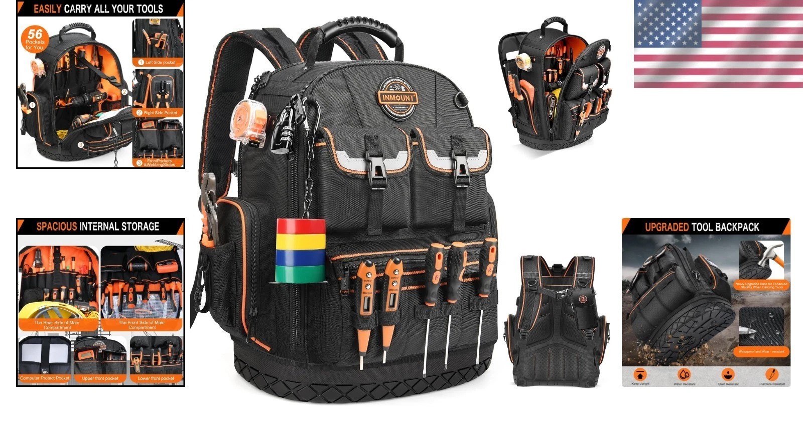 Durable 56-Pocket Tool Backpack with Molded Base and Combination Lock – Black