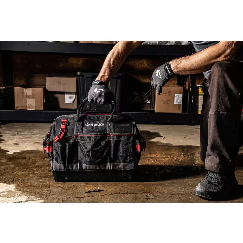 Husky Tool Bag 16in Heavy Duty Pro Tote Organizer 28 Pocket Waterproof Base