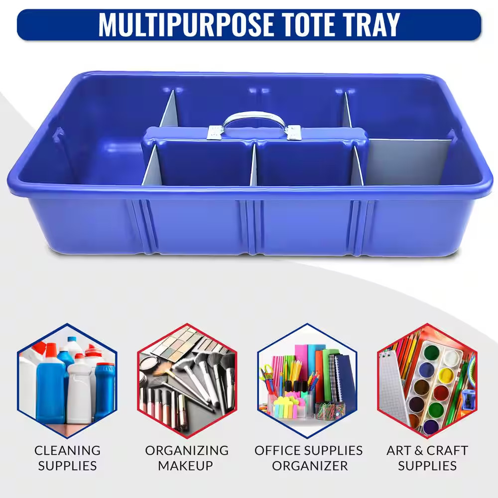 Professional Grade 25 In. Blue Polyethylene Tote Tray with 6-Dividers