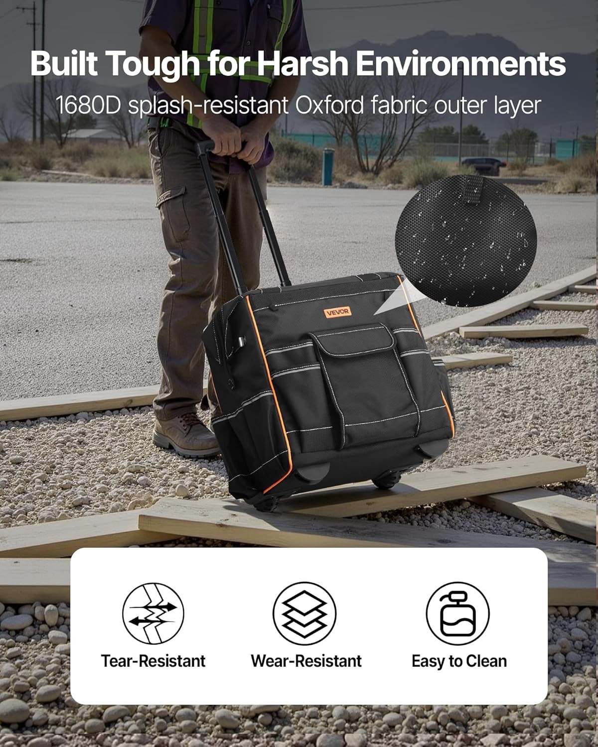 VEVOR 15″ Rolling Tool Bag 110LBS 25 Pockets Telescoping Handle