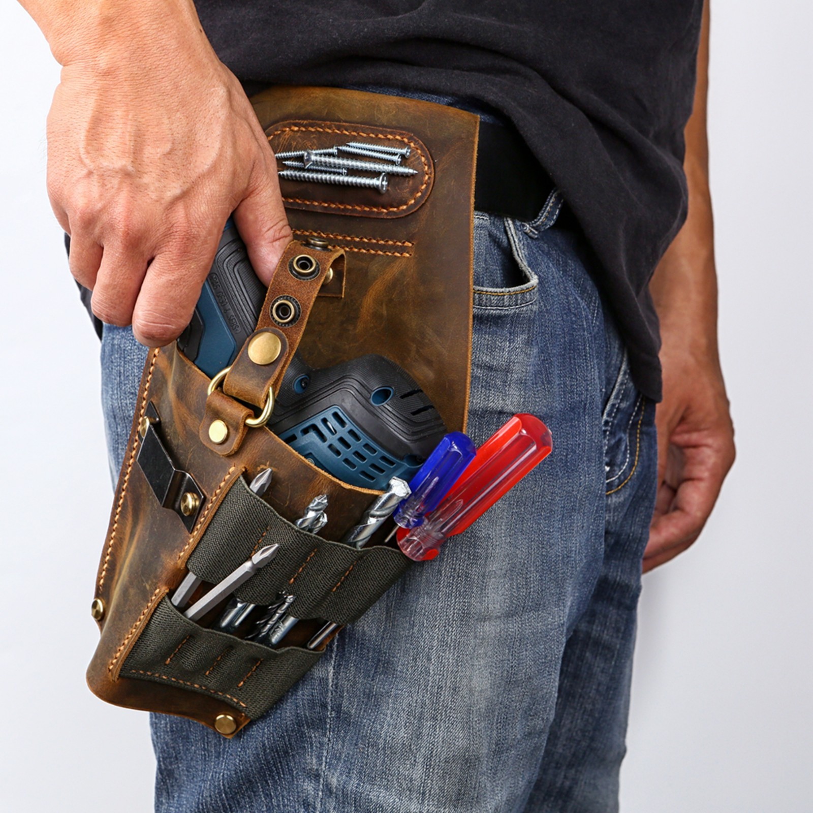 Leather cordless compact drill holder for tool belt, real leather drill holster