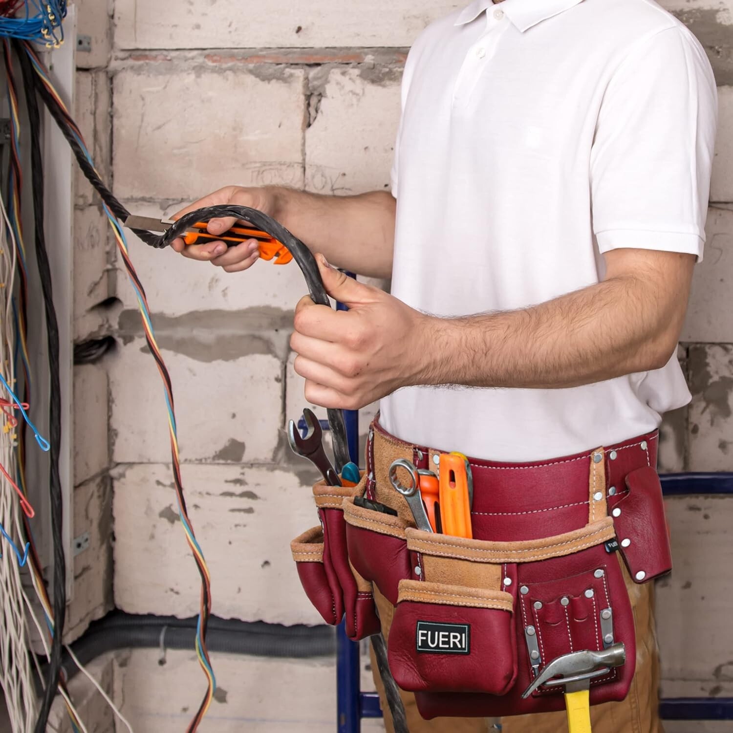 Leather Tool Belt Pouch Heavy Duty 11 Pockets Carpenter Electrician Framer Bag