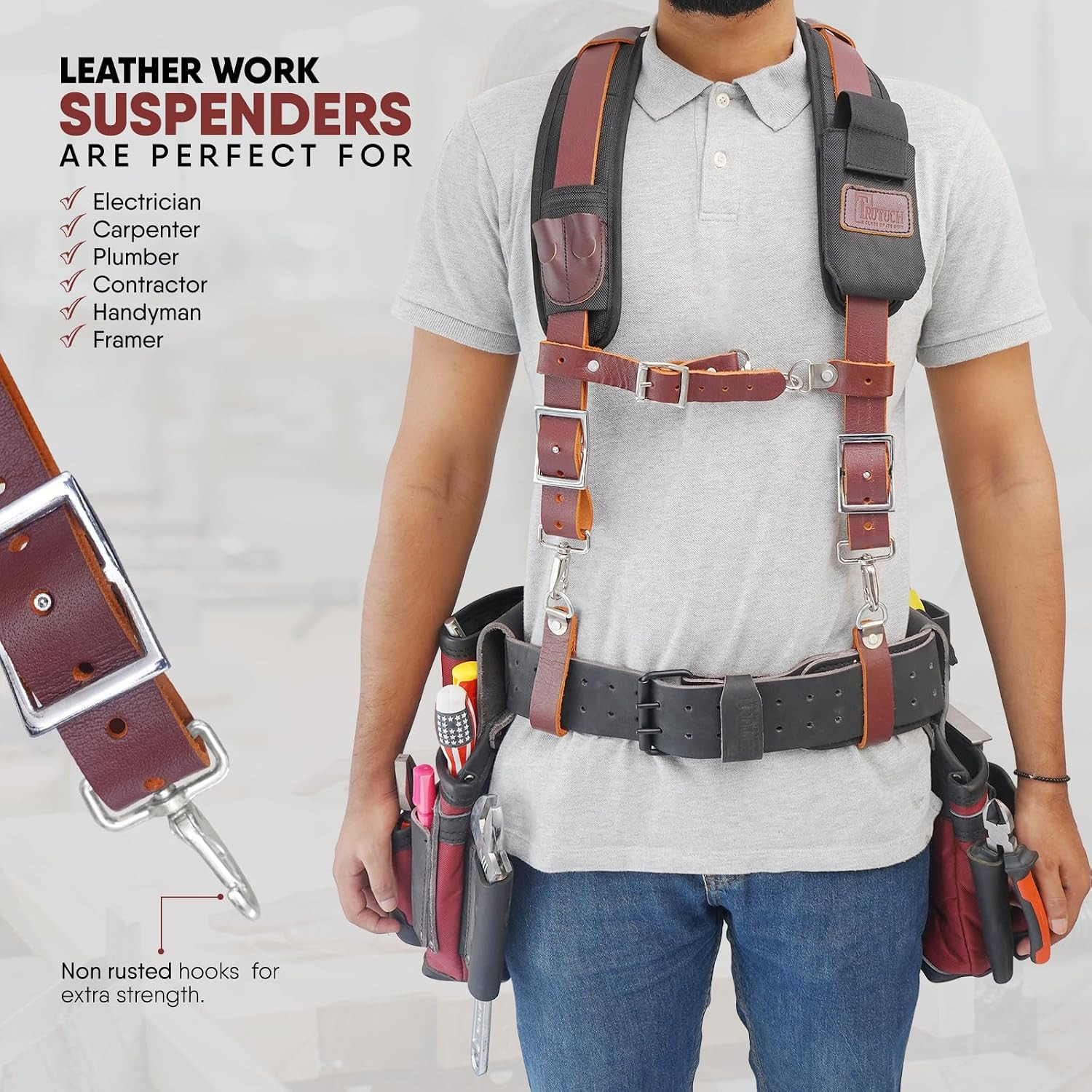 Leather Work Suspender with Cell Phone Pocket | Fully-Adjustable Padded Heavy Du
