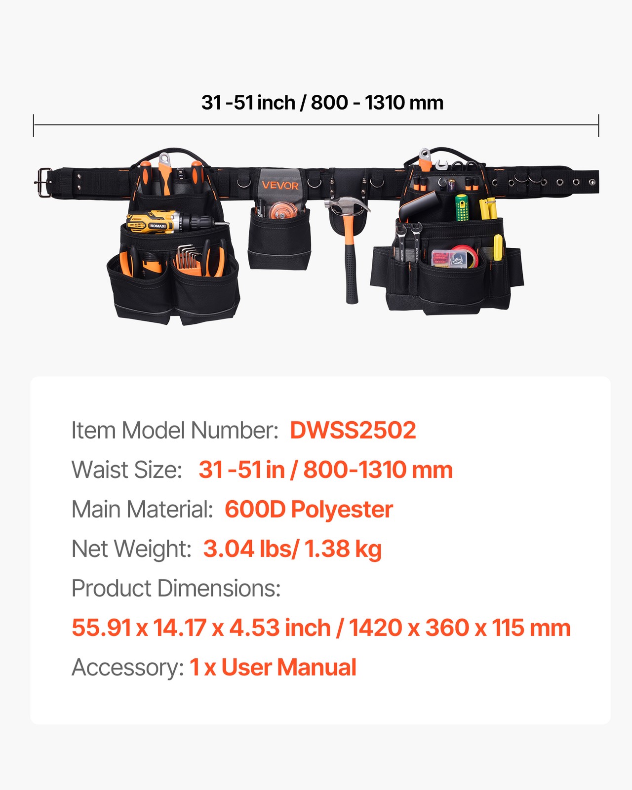 VEVOR Tool Belt Electricians Work Belt 18 Pocket Heavy Duty Tool Pouch Organizer