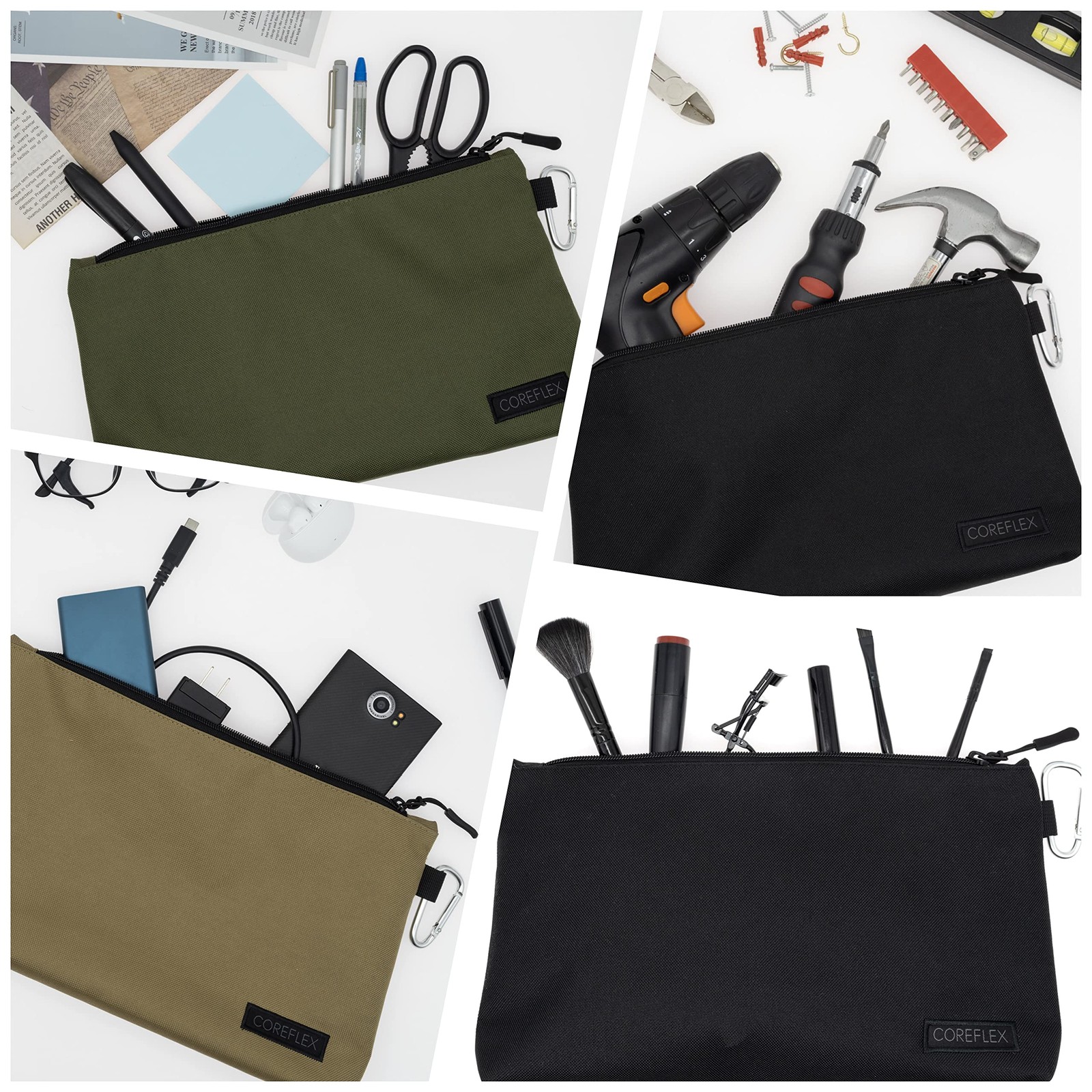 COREFLEX Premium Tool Pouch Zipper Bag, 6 pack Large 12inch Khaki, Silver