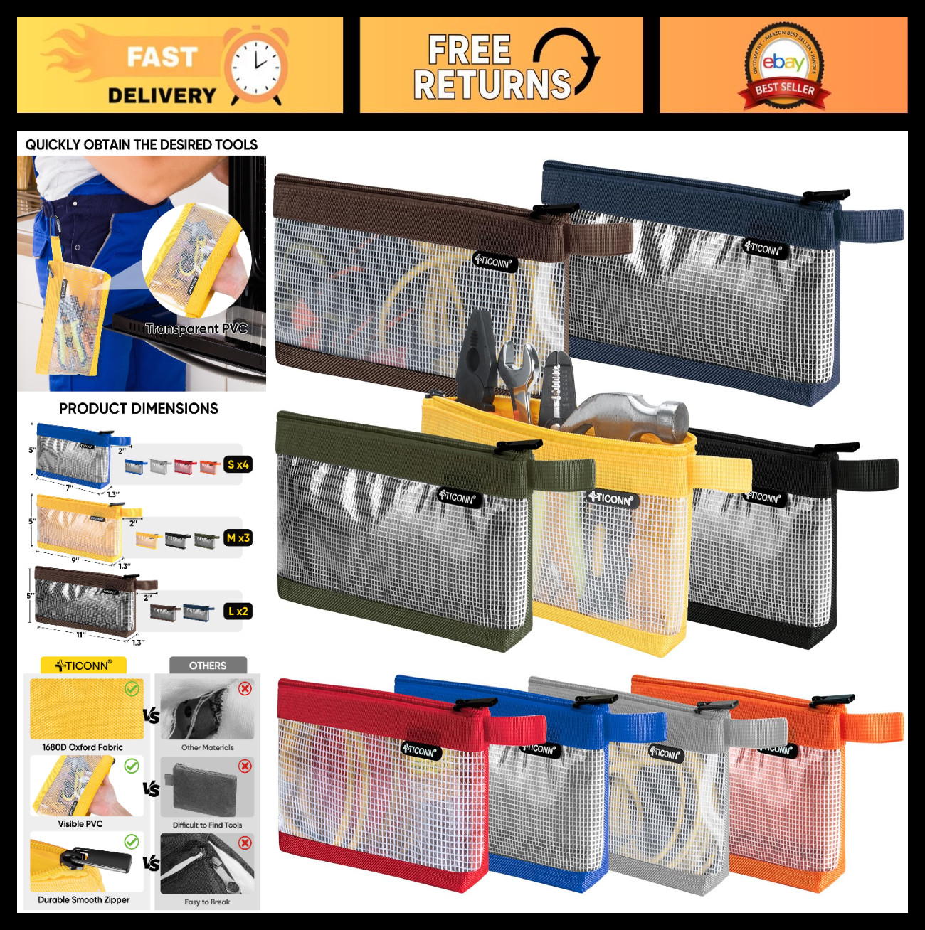 Small Tool Pouch Set, 1680D Oxford Zipper Bags, Clear Utility Organizers (9PK)