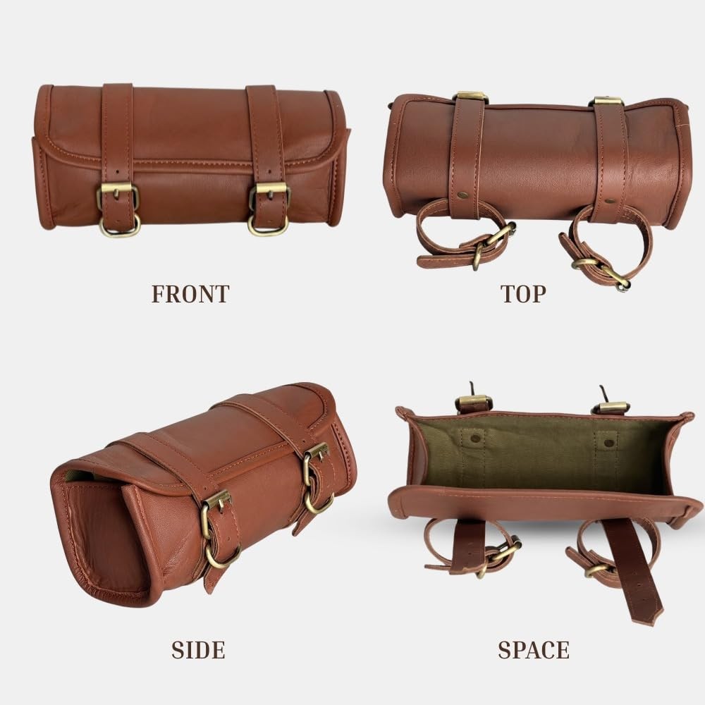 Genuine Goat Leather Vintage Motorcycle 2 Strap Buckle Closure Tool Brown Bag…