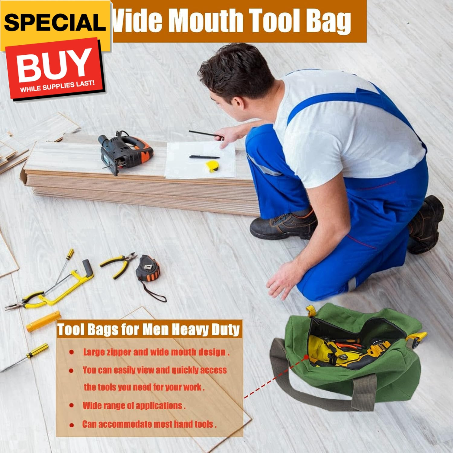 Canvas Wide Mouth Tool Bag, Large Capacity Tool Bags for Men, Portable Home Tool